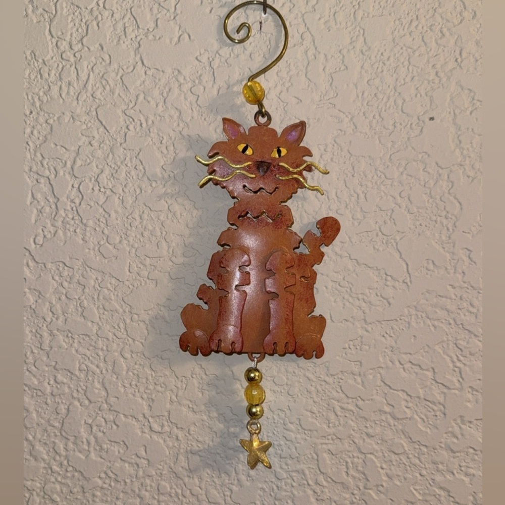 Metal Orange Cat Hanging Ornament Or Suncatcher Multicolored Beads Folk Art 6"